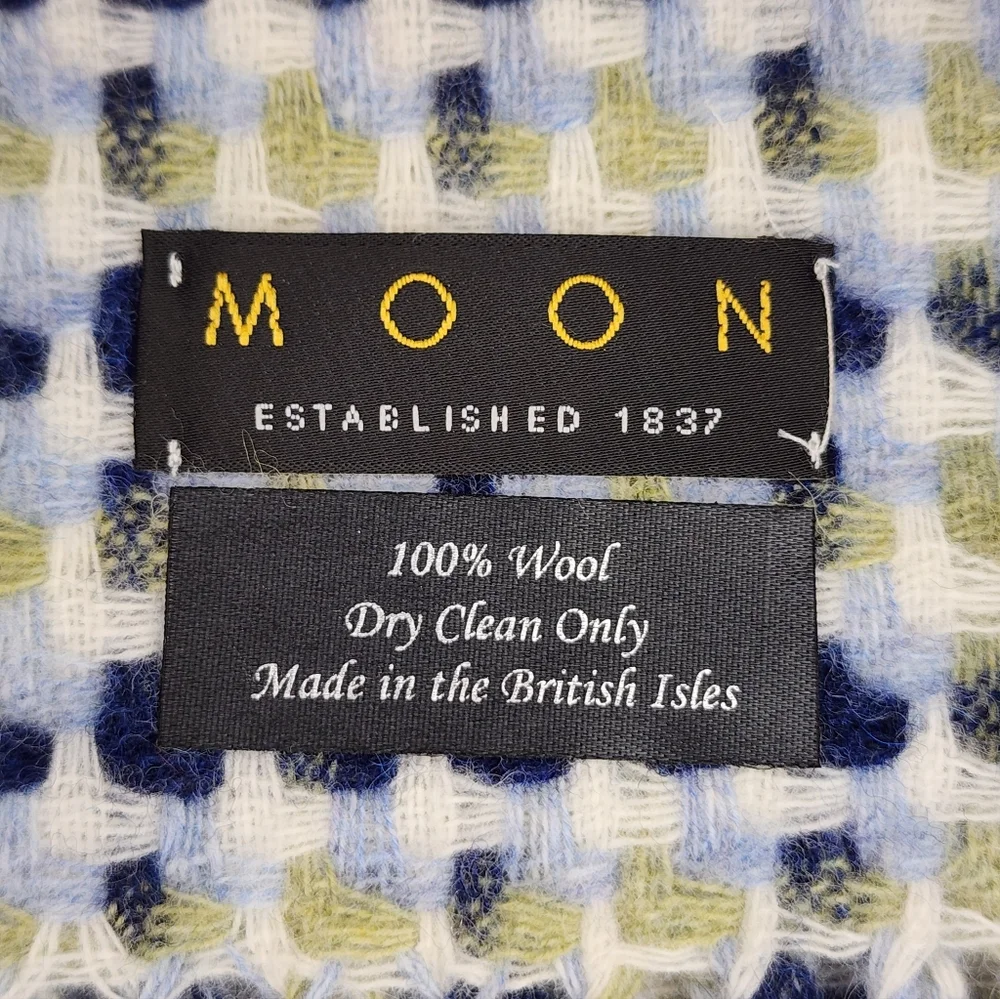 MOON 100% Wool Woven Scarf - Blue, Navy & Gold/Green Check, Unisex